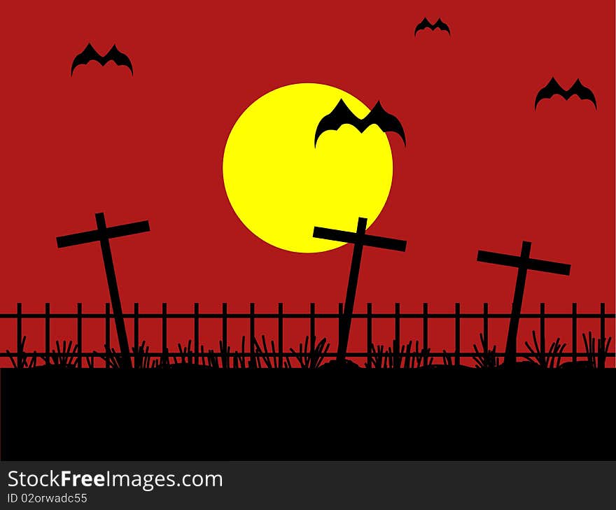 Night Cemetery With Bat Against The Dark Red Sky