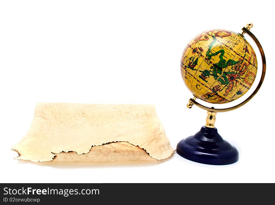 Old paper and globe on a white background