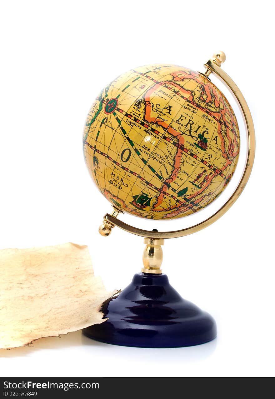 Old paper and globe on a white background