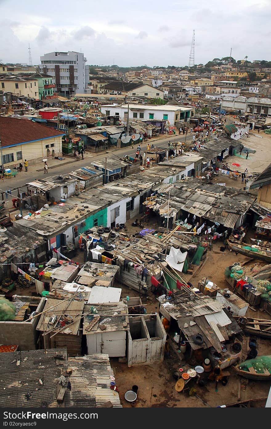 Cape Coast fishing houses and town in Ghana