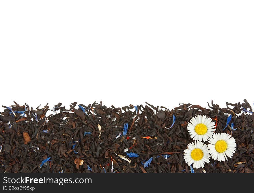 Three camomile flowers on the dry tea leaves background