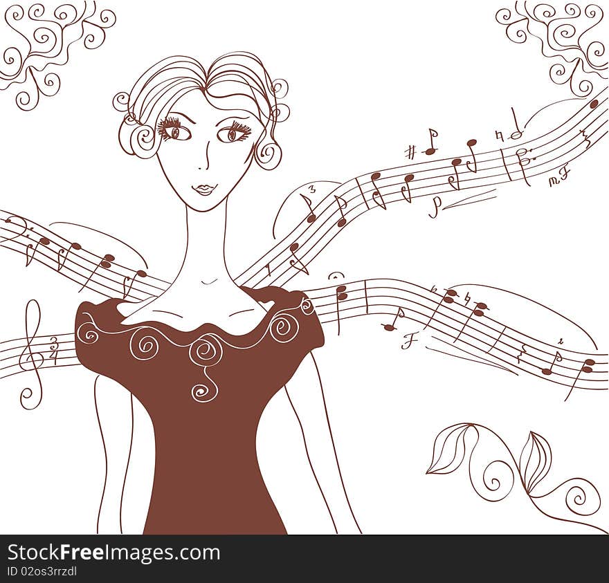 Music retro girl background with stave