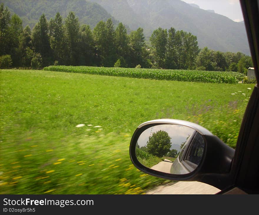 A photograph taken from the car moving along a country road. The recovery was made in the fields near Marter di Roncegno. A photograph taken from the car moving along a country road. The recovery was made in the fields near Marter di Roncegno