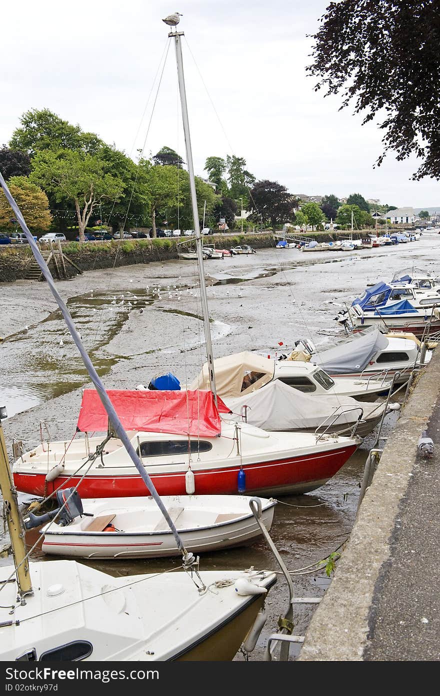 Kingsbridge Quay with Boats Moored, at low tide, Devon, England