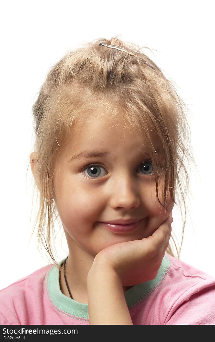 Little smiling girl portrait isolated over white background