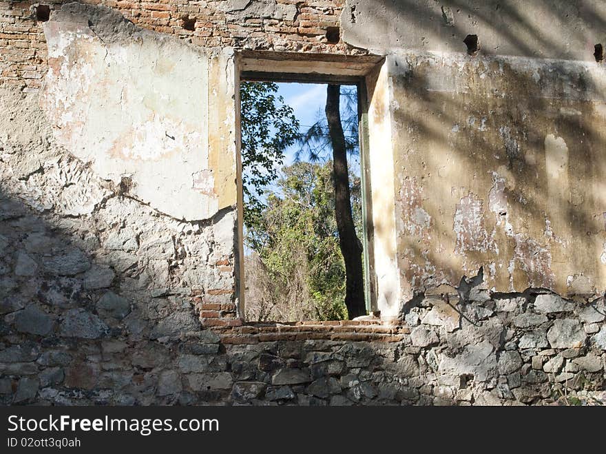 Collapsed building window