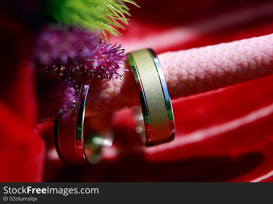 Wedding Rings detail with red flower