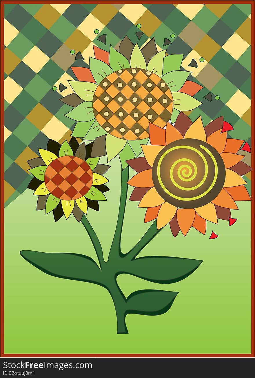 Abstract illustration of three sunflowers on colorful background. Abstract illustration of three sunflowers on colorful background