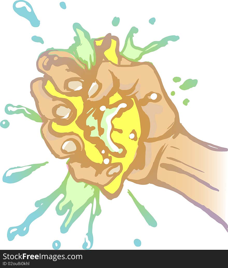 Illustration of a hand squeezing lemon. Illustration of a hand squeezing lemon