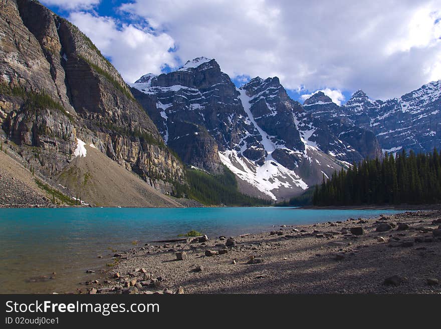 Rocky mountain peaks at Moraine lake, Banff National Park, Alberta, Canada