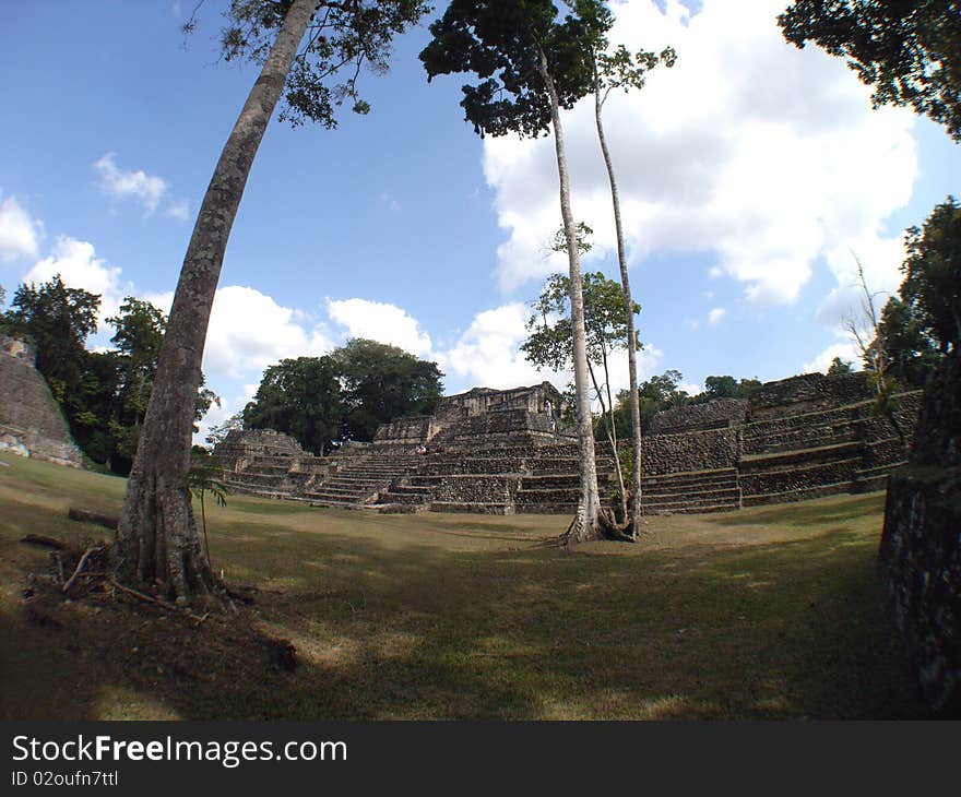 View of the ancient mayan residential complex across a courtyard at the archeological site of caracol located in the cayo district of belize, central america;. View of the ancient mayan residential complex across a courtyard at the archeological site of caracol located in the cayo district of belize, central america;