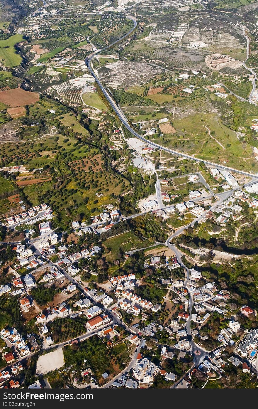 Aerial view of residential area in mountains of Cyprus