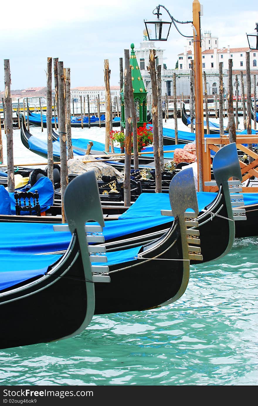 A group of gondolas for hire on the Grand Canal. A group of gondolas for hire on the Grand Canal