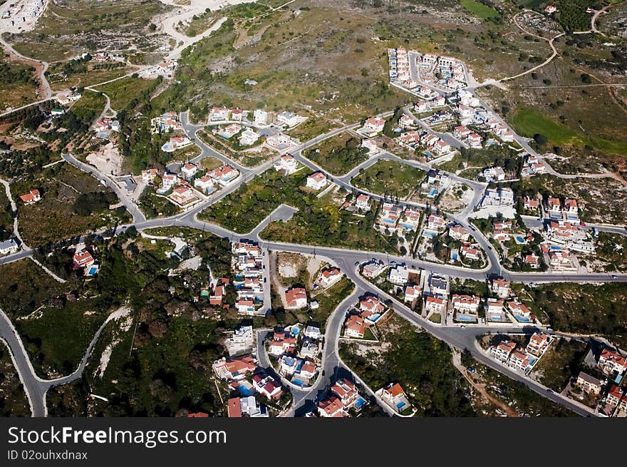 Aerial view of residential area in mountains of Cyprus