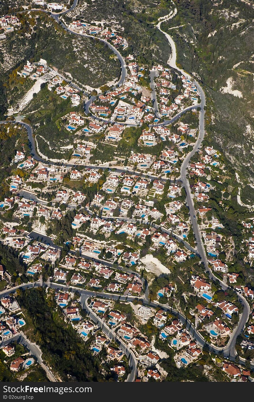 Aerial view of residential area in mountains of Cyprus