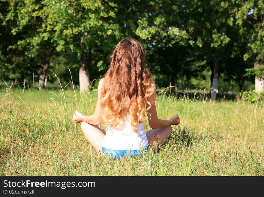 Young beautiful girl with gorgeous long hair enjoys egoy in the park on a background of green grass and trees. Young beautiful girl with gorgeous long hair enjoys egoy in the park on a background of green grass and trees