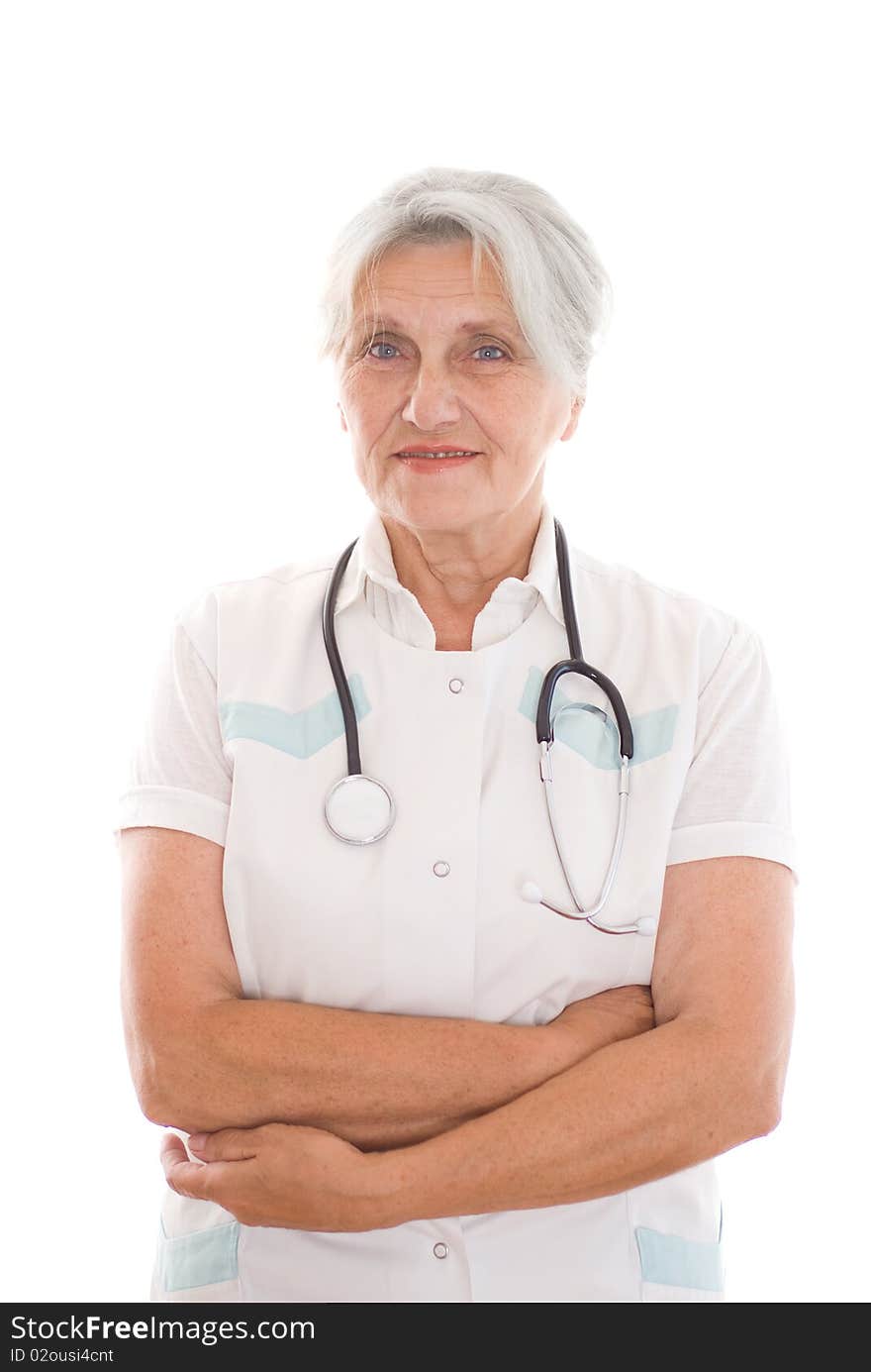 Elderly woman doctor on a white background