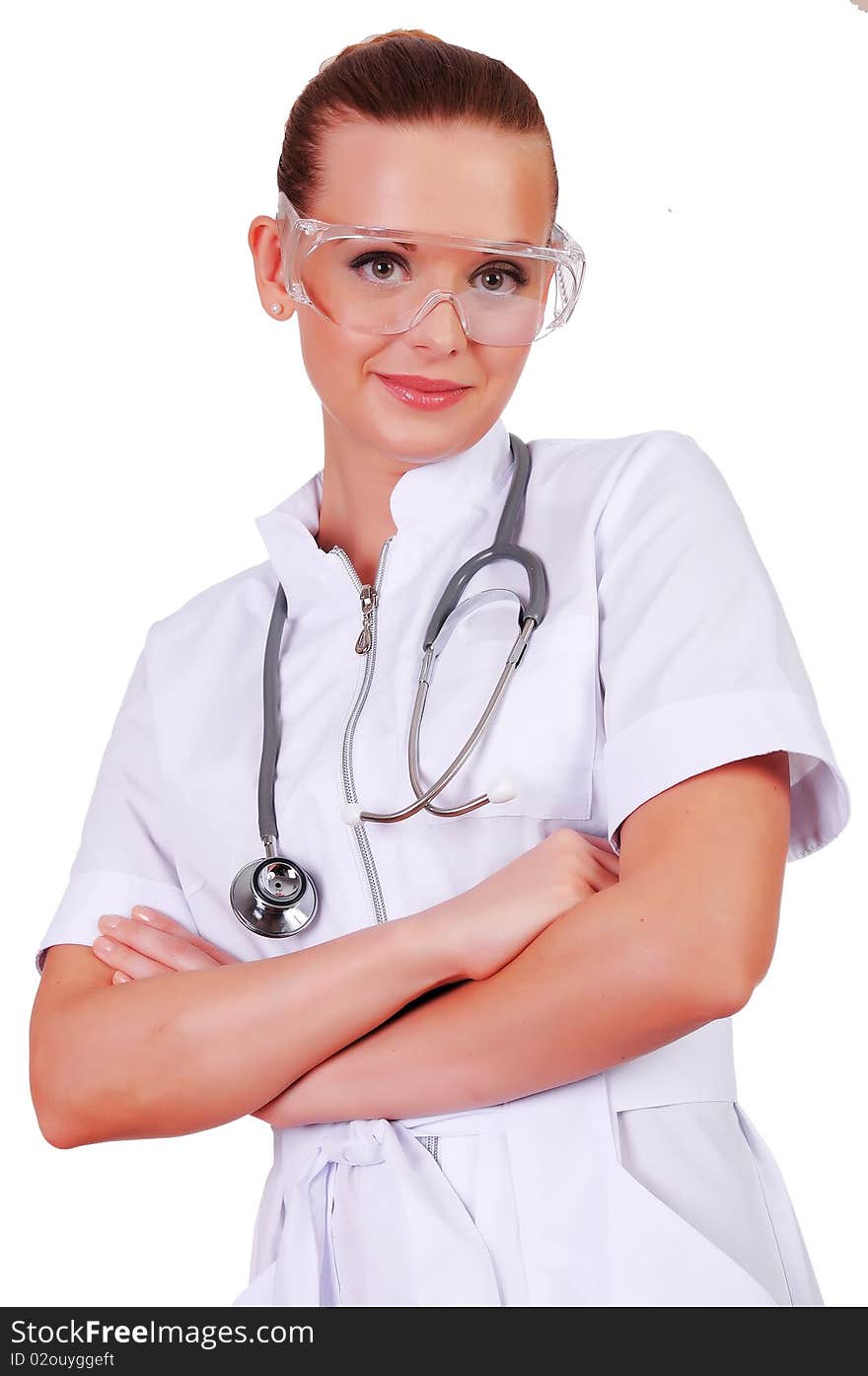 Young nurse in white uniform, transparent glasses and a stethoscope isolated on white