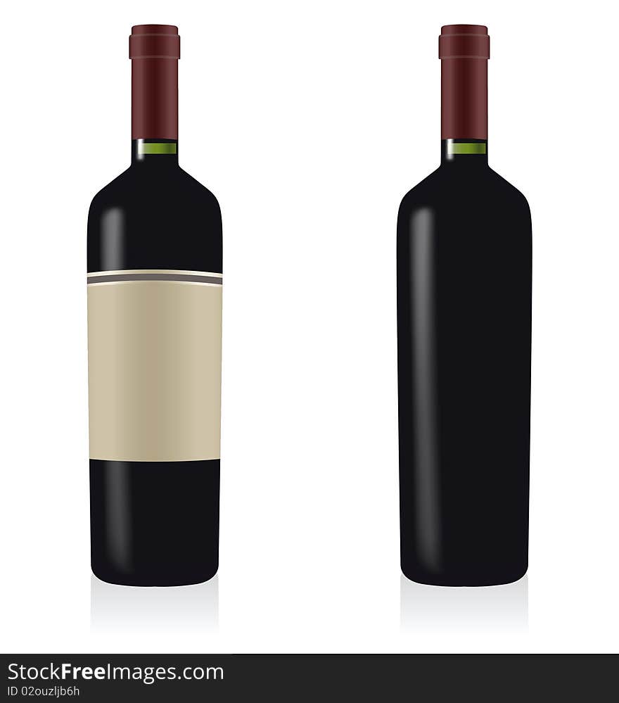 Bottles of red wine with a blank label and without label isolated on white. Bottles of red wine with a blank label and without label isolated on white