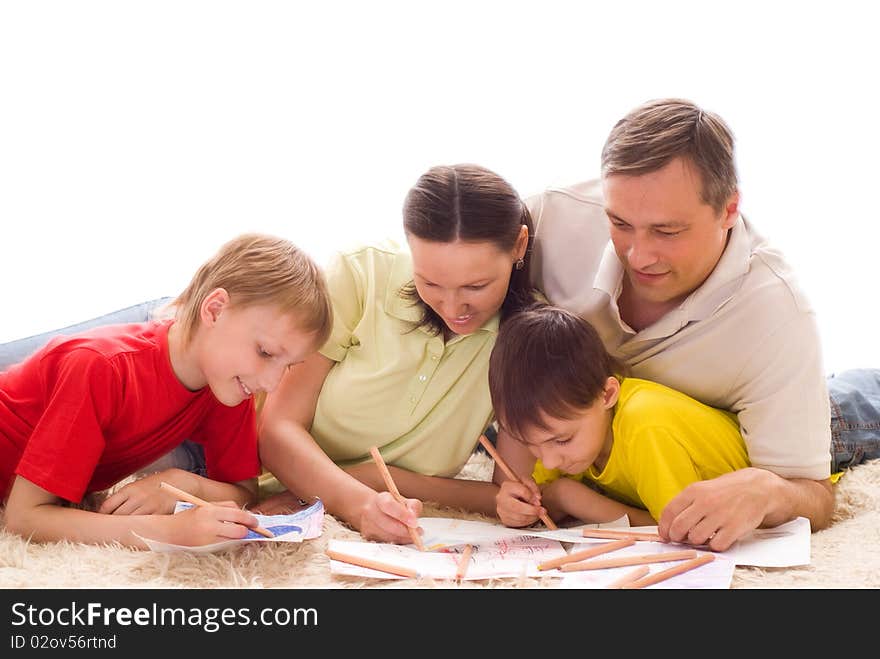 Happy family four on a light