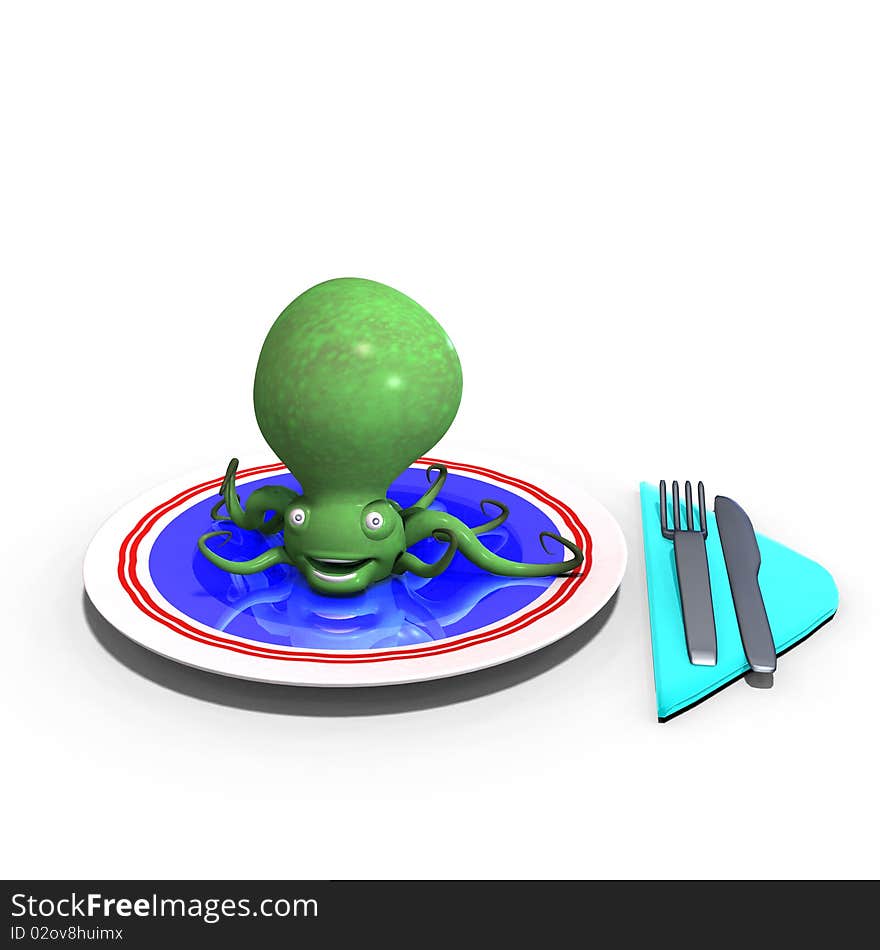 Cute and funny sepia animal served on a dish as a meal. 3D rendering with clipping path and shadow over white