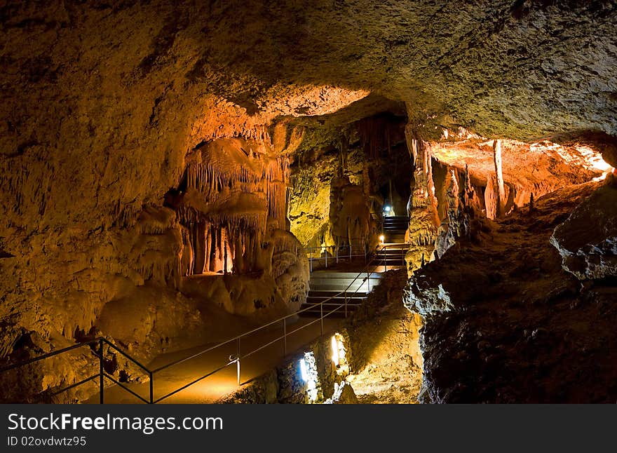 Inside a large underground limestone cave