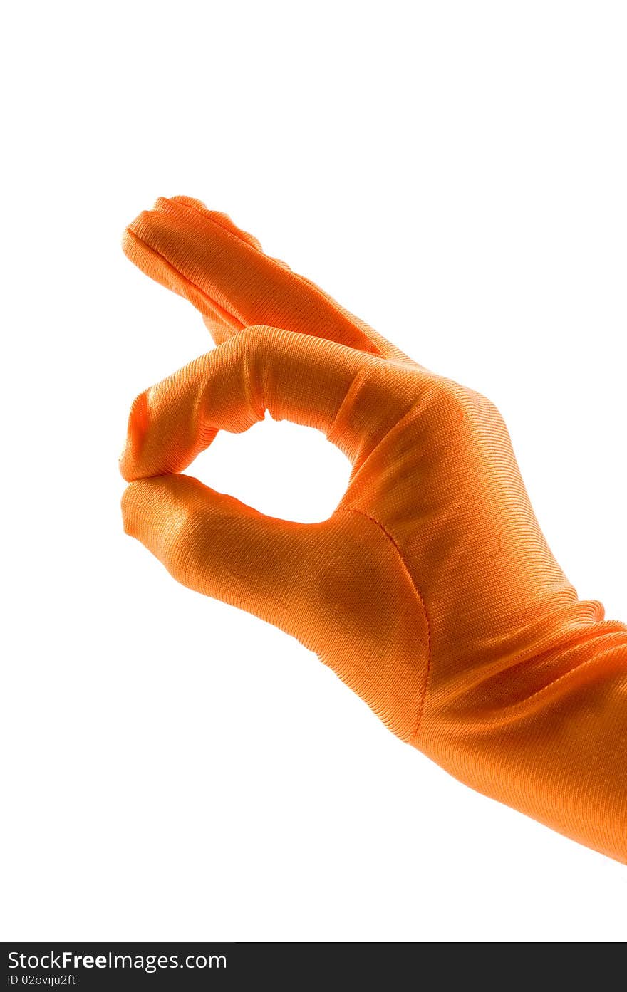 Hand in orange glove is making the ok sign