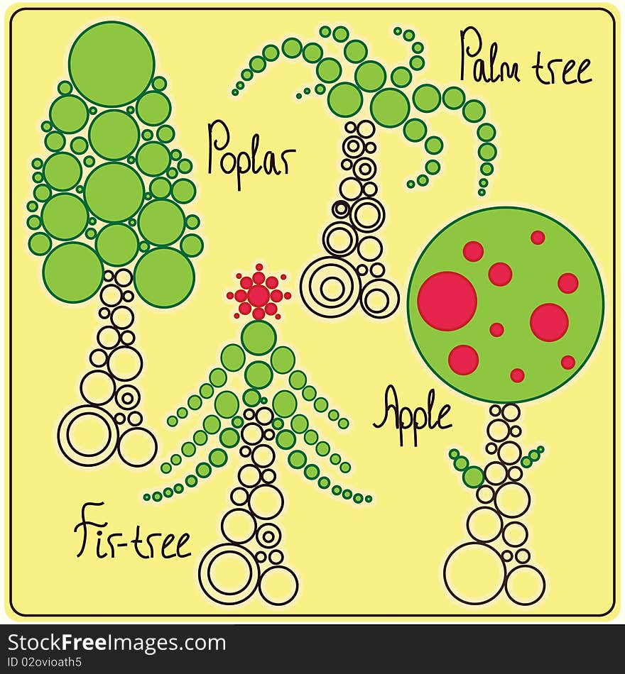 Abstract trees (poplar, apple tree, palm tree, fir) from the community. Vector image. Abstract trees (poplar, apple tree, palm tree, fir) from the community. Vector image.