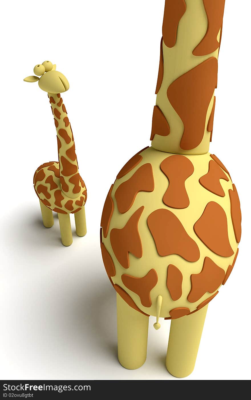 Small giraffe looking at a big one. Small giraffe looking at a big one