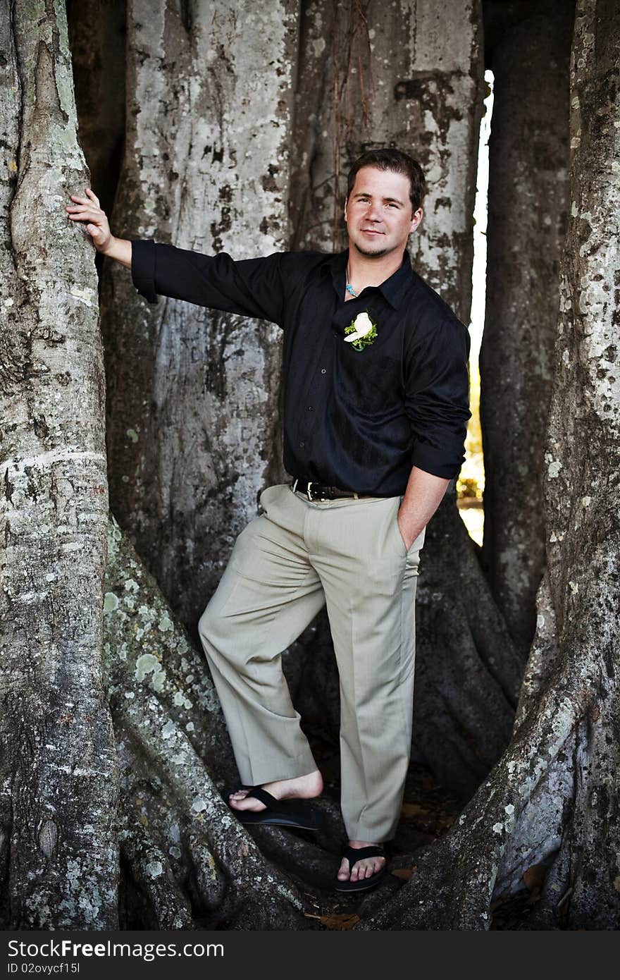 A handsome groom on his wedding day standing near a tree. A handsome groom on his wedding day standing near a tree.