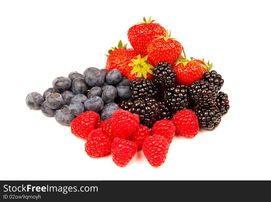 Strawberry blueberry raspberry and blackberries on white background. Strawberry blueberry raspberry and blackberries on white background