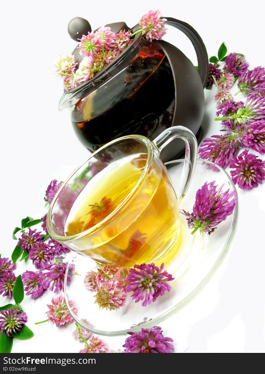 Herbal floral tea with clover flowers summer drink. Herbal floral tea with clover flowers summer drink