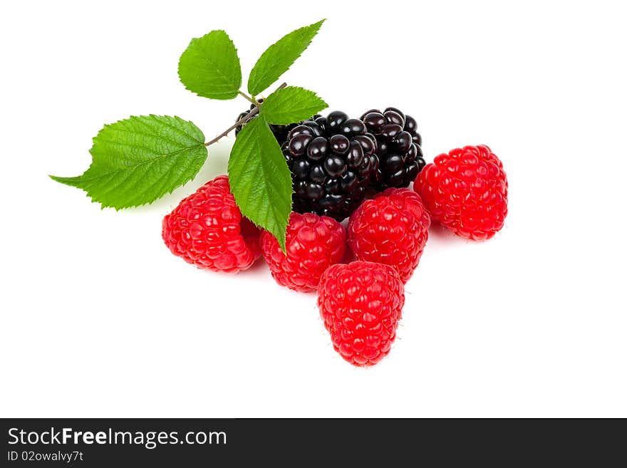 Blackberry and raspberries in a pile with leaf