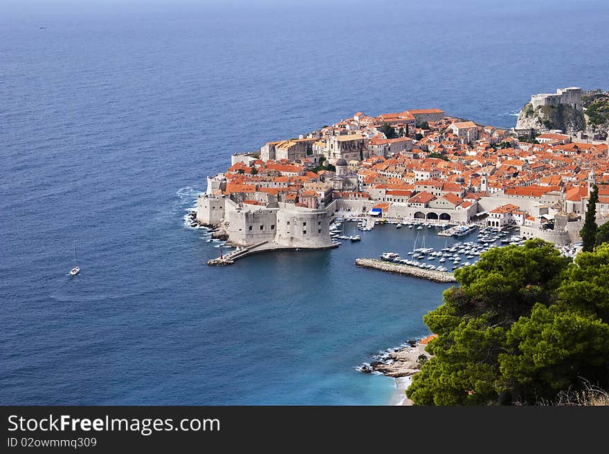 Top view of Dubrovnik old town and internal sea bay made from outside mountain road, Croatia