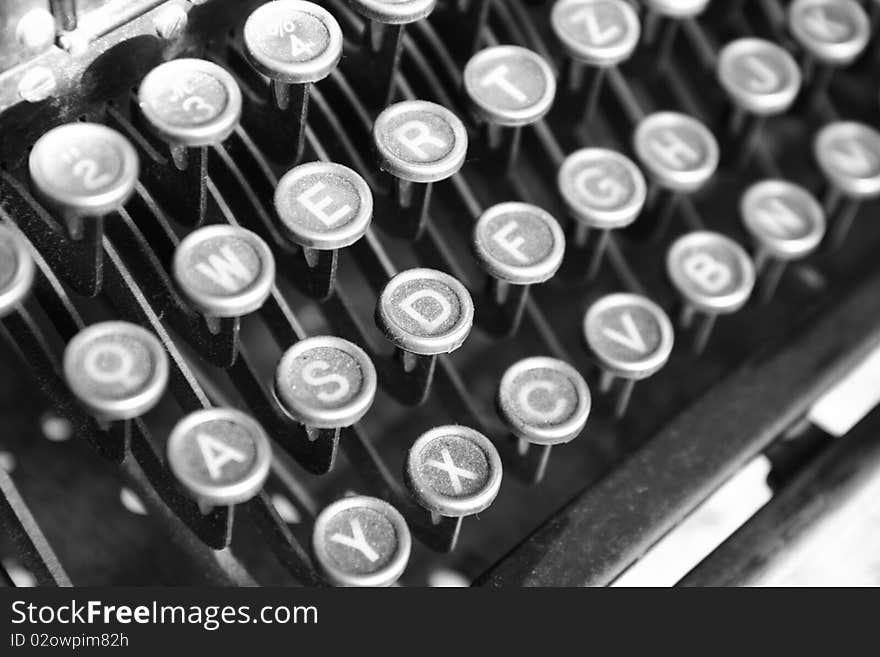 Keyboard of a vintage typewriter in close up