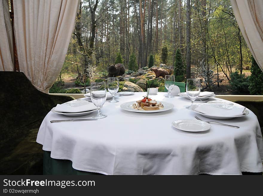 Terrace of restaurant with view to forest. Terrace of restaurant with view to forest