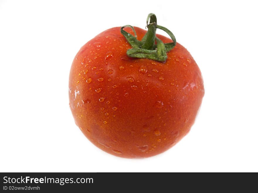 Single juicy red tomato with water drops isolated on white for ease of use. Single juicy red tomato with water drops isolated on white for ease of use