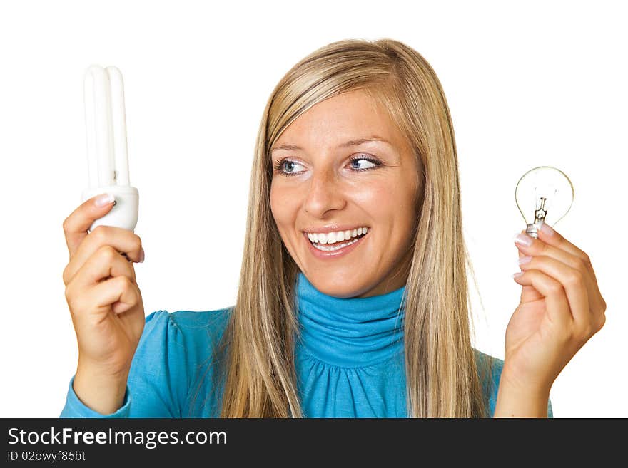 Woman with bulbs ideas ecology creativity