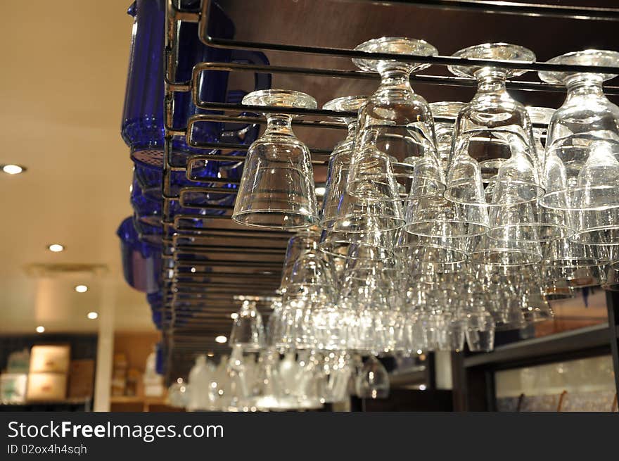 Various drinking glasses in a bar or restaurant.