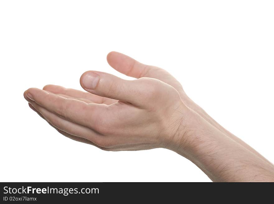 Well shaped businessman hand reaching for something isolated on white