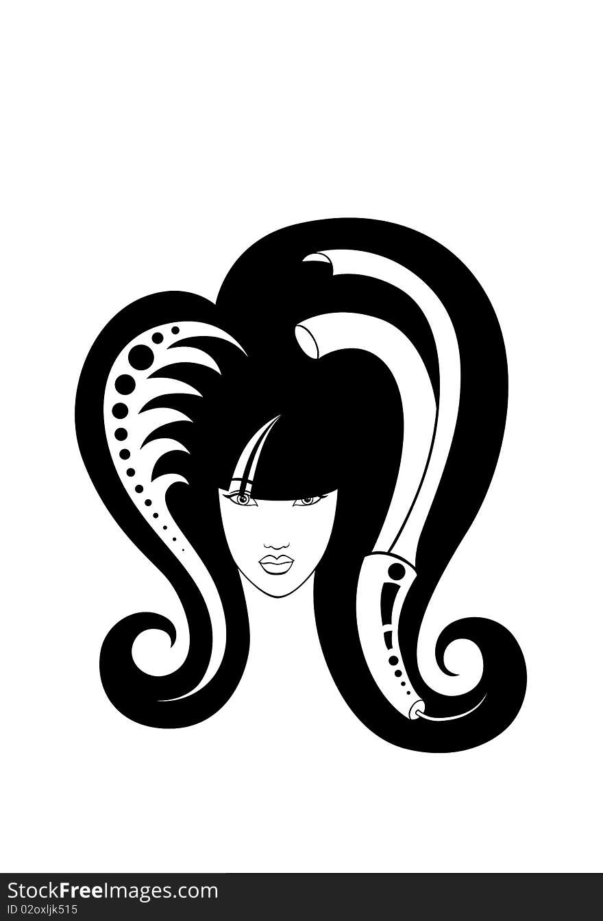 Illustration of girl with hairdressing accessories in her hair. Illustration of girl with hairdressing accessories in her hair