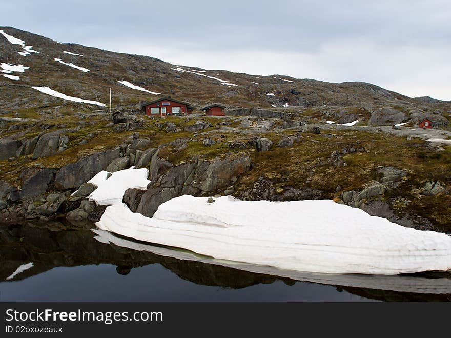 Mountain landscape with a lake and snow