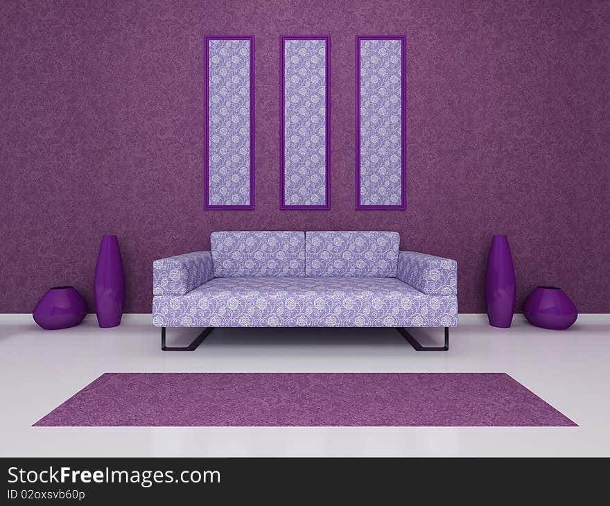 Violet sofa stand against the wall.