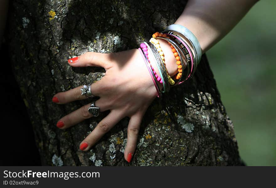 Woman hand with all kinds of adornment cling to the tree trunk