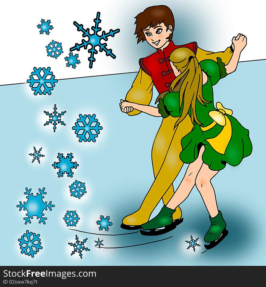 Illustration shows two dancers who skate and dance on ice. Illustration shows two dancers who skate and dance on ice.