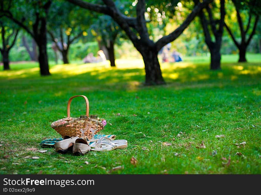 Basket with fruits and Pair of champagne glass