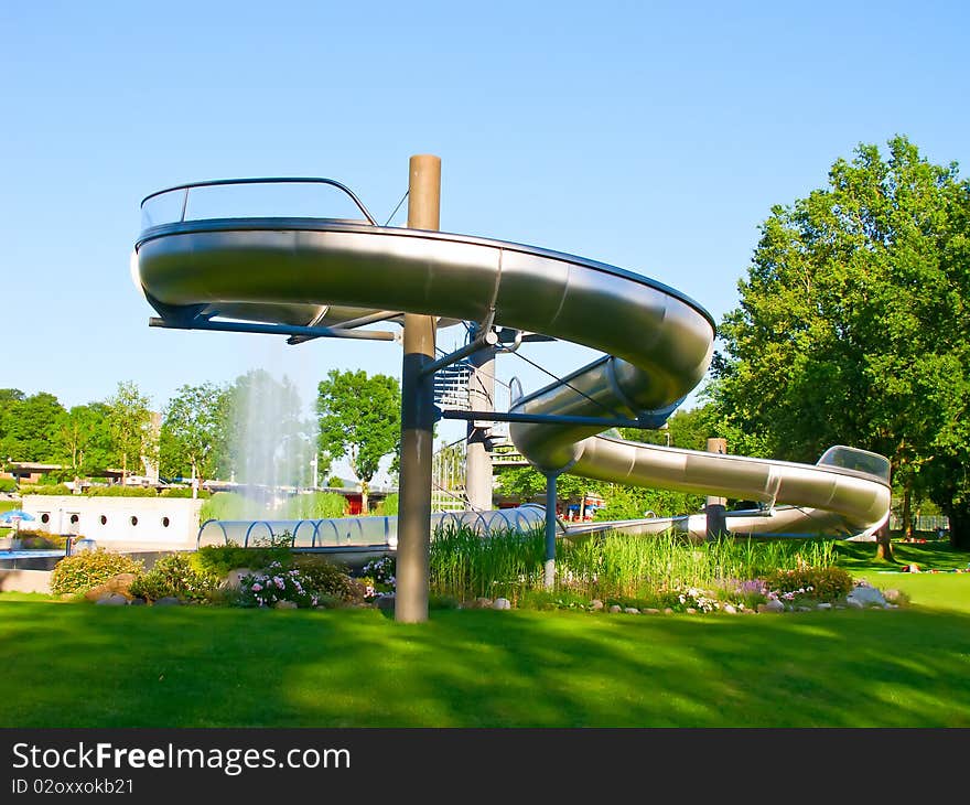 Metal aquapark constructions in swimming-pool