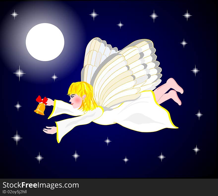 Night angel with bell on star background