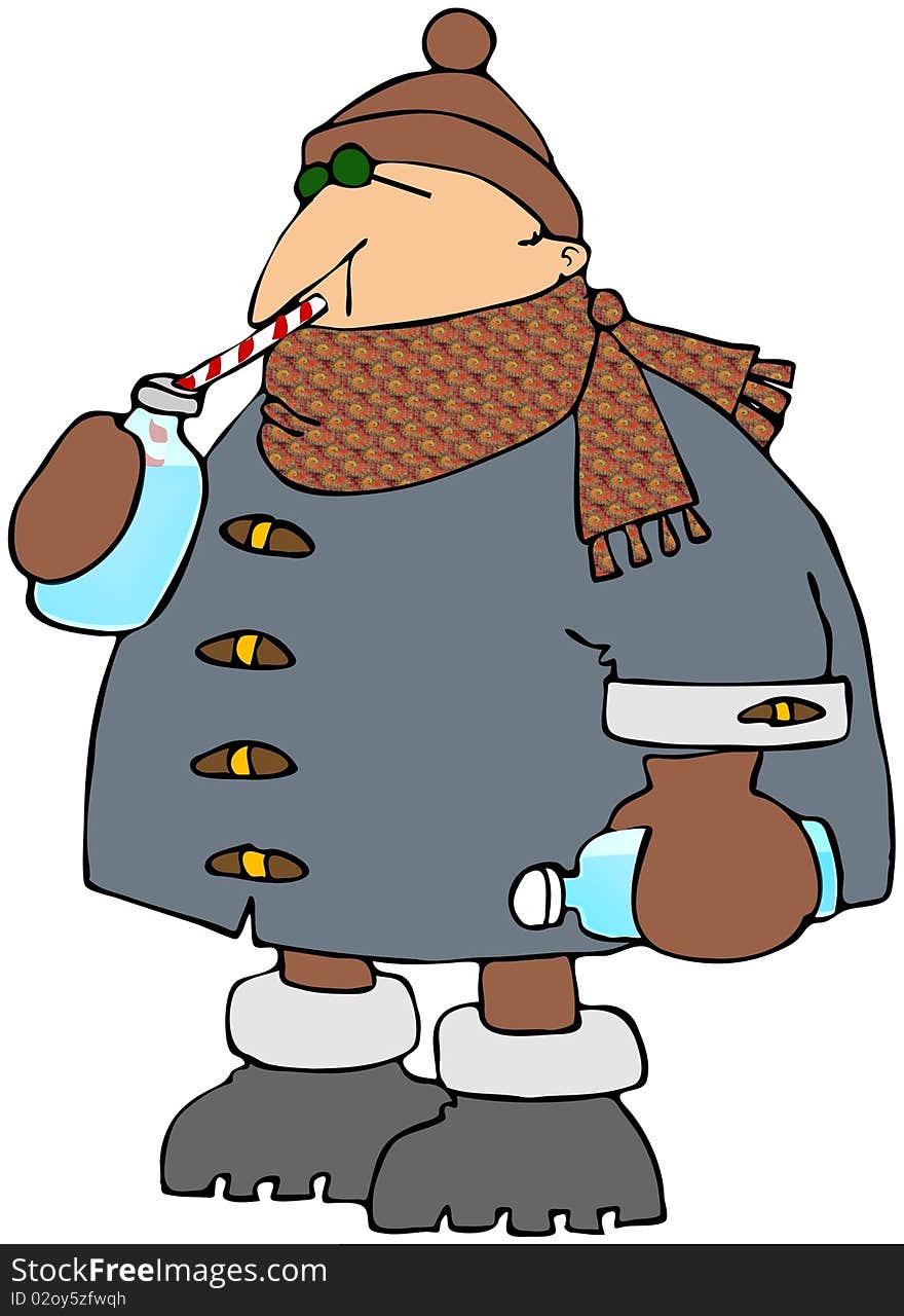 This illustration depicts a man in winter clothing drinking from a water bottle with a straw. This illustration depicts a man in winter clothing drinking from a water bottle with a straw.