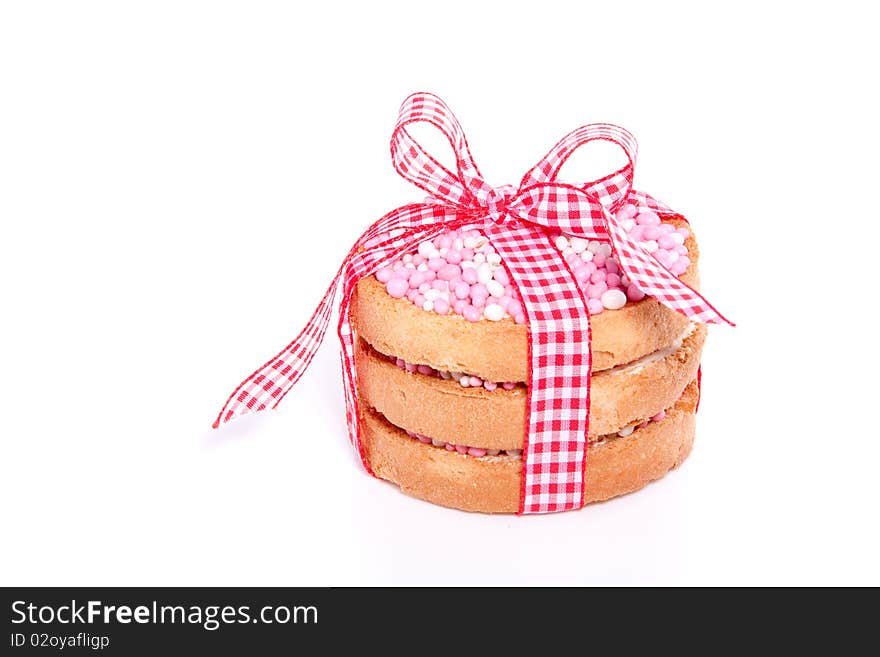 Three rusks with mice for a Dutch announcement for a newborn girl isolated over white